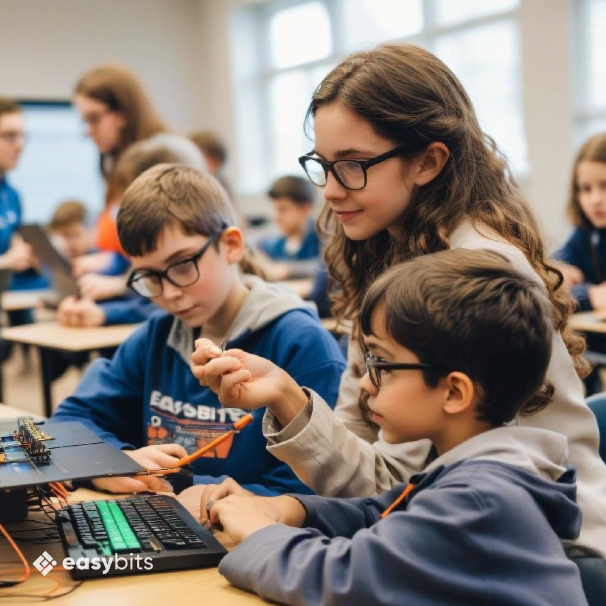 Teacher sitting with students, explaining Technology