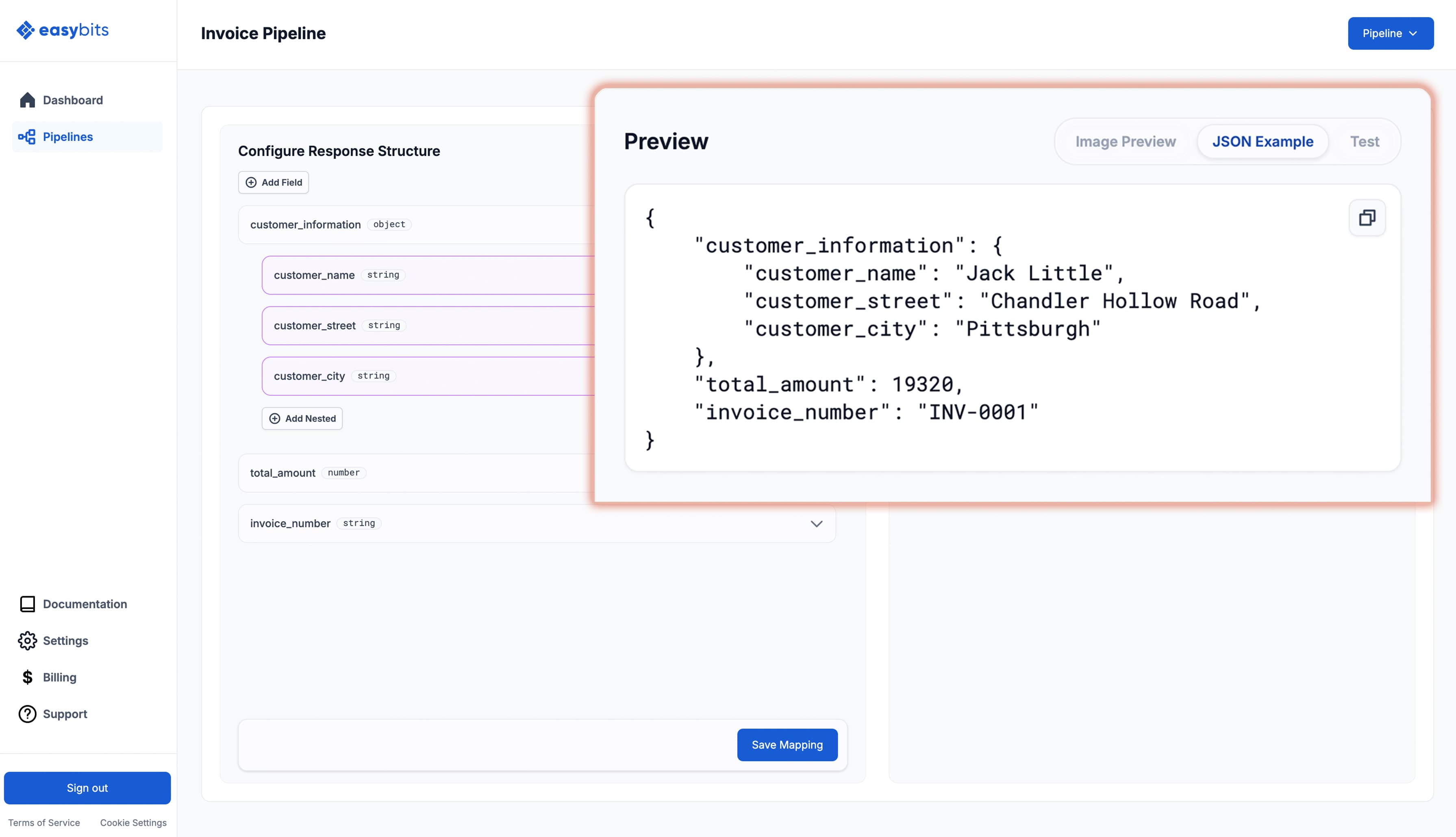 Structured JSON preview in easybits